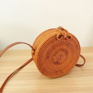 Round Rattan Wicker Crossbody Bag Natural Brown Handwoven Basket Box Native BALI